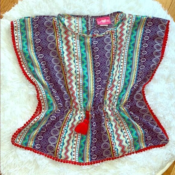 Girls Pink Girl’s Mixed Paisely Print Pom Pom Trim Boho Poncho Blouse Top 14/16 - Picture 1 of 8